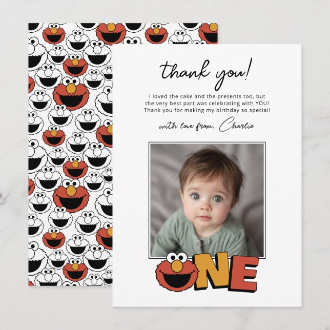 Carte De Remerciements Sesame Street | Elmo - First Birthday Thank You Ca (Devant / Derrière)