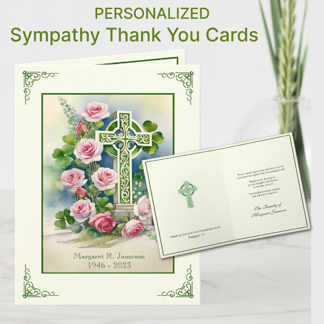 Carte De Remerciements Shamrock Croix celtique rose Roses Condolence (Celtic Irish Cross with pink roses Sympathy Condolence Thank You Cards)