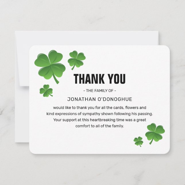 Carte De Remerciements Shamrock vert moderne Clover Bereavement Funéraill (Devant)