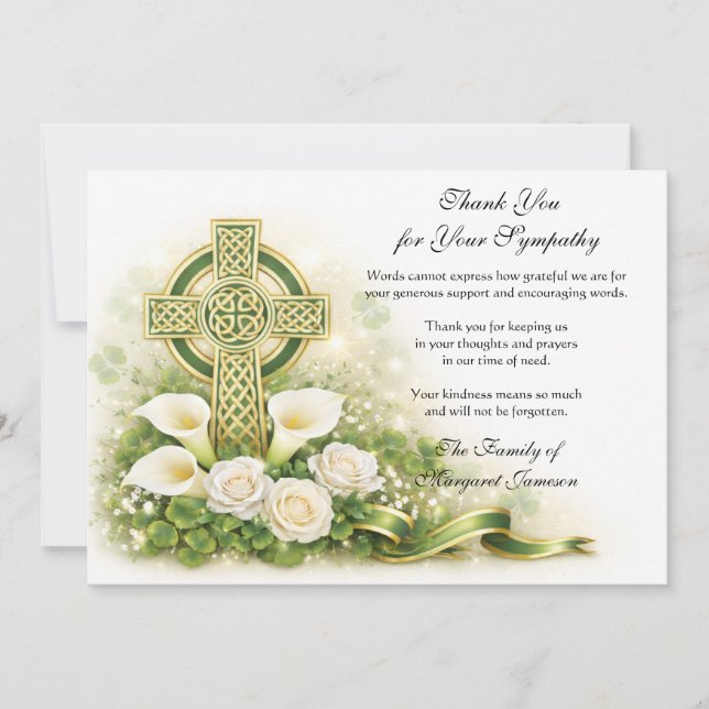 Carte De Remerciements Shamrocks Catholic Irish Celtic Cross Condolence  (Devant)