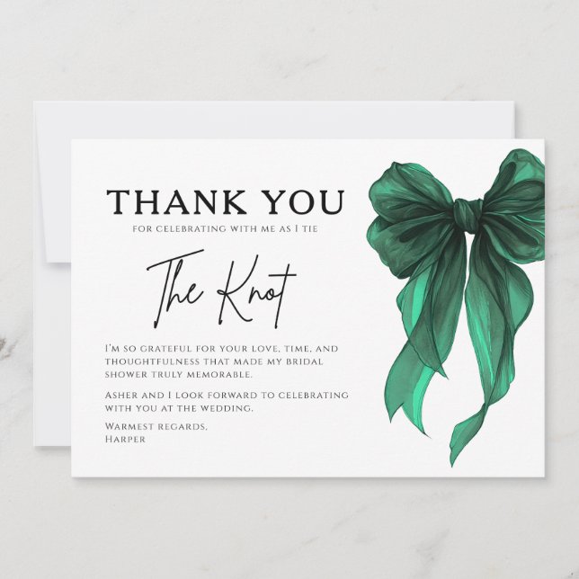 Carte De Remerciements She’s Tying The Knot Green Bow Bridal Shower (Devant)