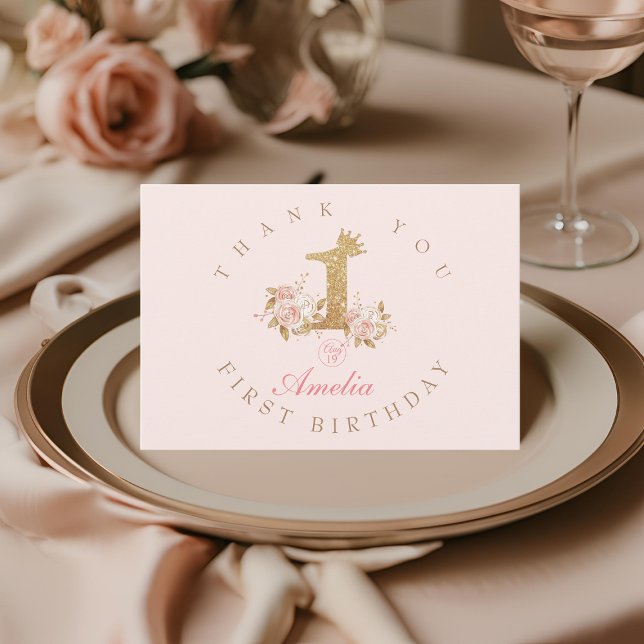 Carte De Remerciements Shine Pink Gold Crown Princesse 1er anniversaire (Créateur téléchargé)