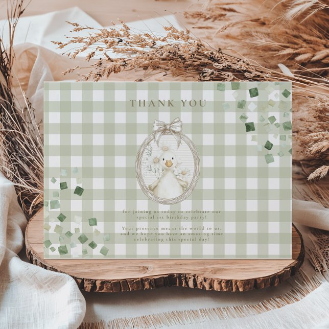 Carte De Remerciements Silly Goose 1st Birthday Green Gingham (Créateur téléchargé)