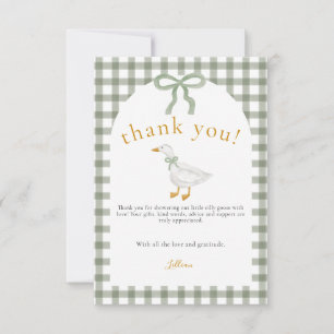 Carte De Remerciements Silly Goose Green Gingham Cottagecore Baby Shower 