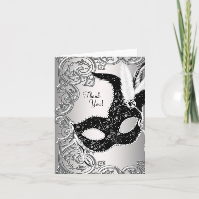 Carte De Remerciements Silver and Black Masquerade Party Thank You Cards (Devant)