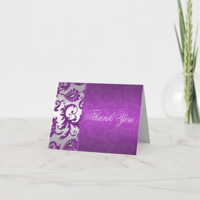 Carte De Remerciements Silver and Purple Damask II Thank You Card (Devant)