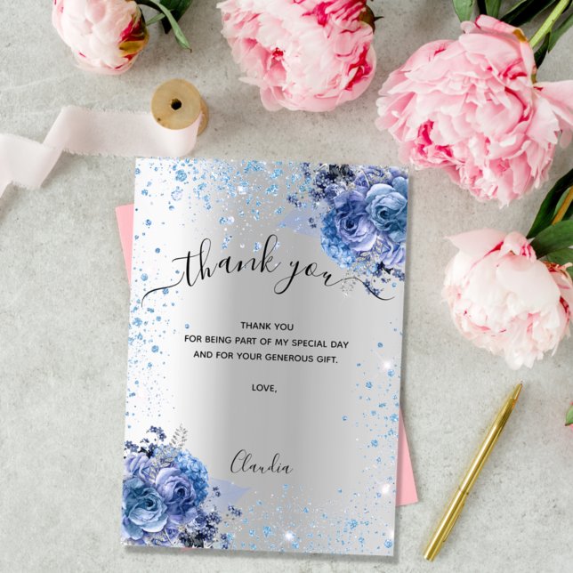 Carte De Remerciements Silver blue floral glitter thank you card (Créateur téléchargé)