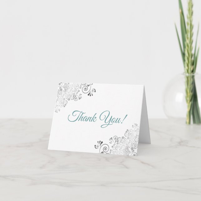Carte De Remerciements Silver Frills Elegant Blanc & Turquoise Mariage Ph (Devant)