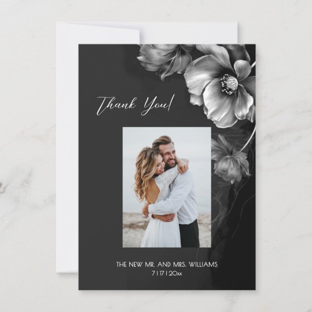 Carte De Remerciements Silver Gray Black Floral Wedding Thank You (Devant)