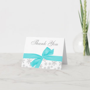 Carte De Remerciements Silver Snowflakes Teal Bow Thank You
