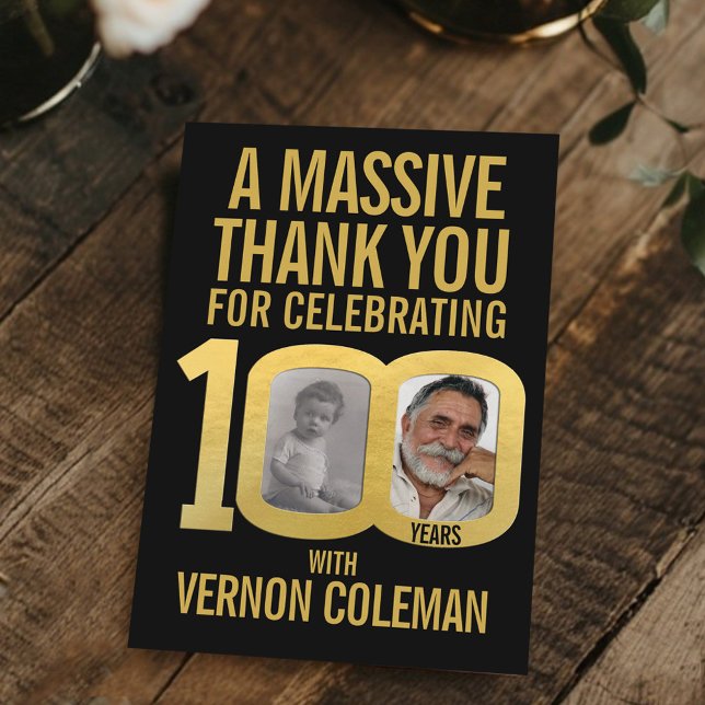 Carte De Remerciements Simple 100th birthday photo black and gold  (Créateur téléchargé)