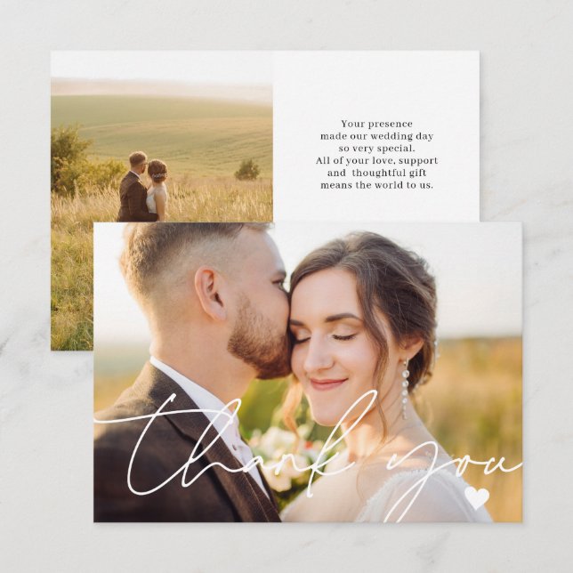 Carte De Remerciements Simple 2 Photo Script Calligraphié Mariage (Devant / Derrière)