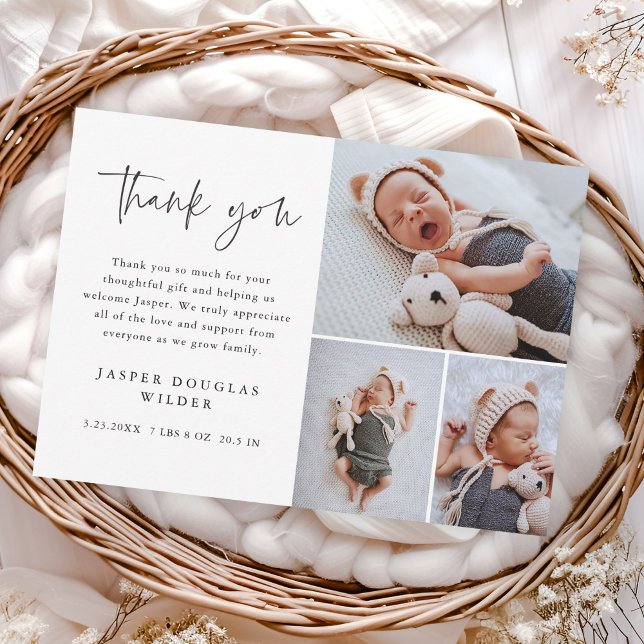 Carte De Remerciements Simple 3 Photo Bébé (Simple modern script 3 photo collage baby announcement thank you cards.)