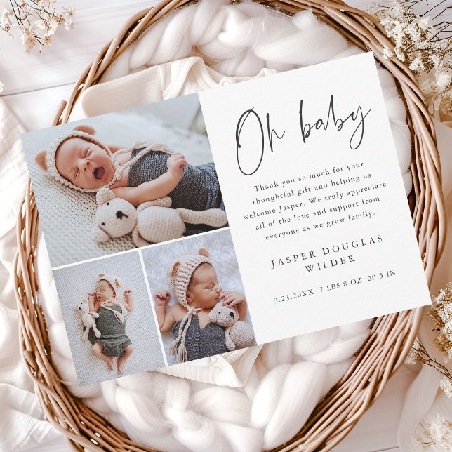 Carte De Remerciements Simple 3 Photo Oh Bébé (Simple 3 photo oh baby announcement thank you cards.)