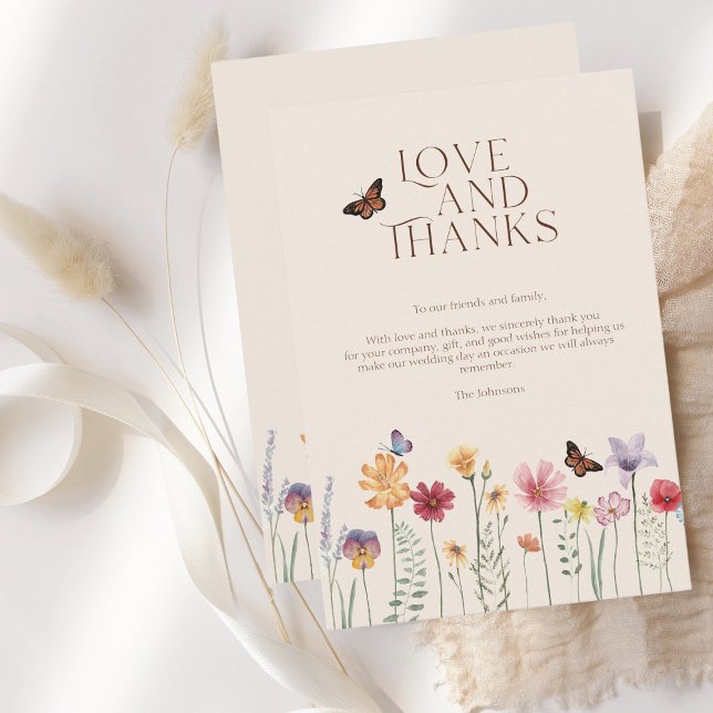 Carte De Remerciements Simple Amour et Remerciement de Fleur Sauvage Colo (Simple Colorful Wildflower Floral Wedding Love and Thanks Card)