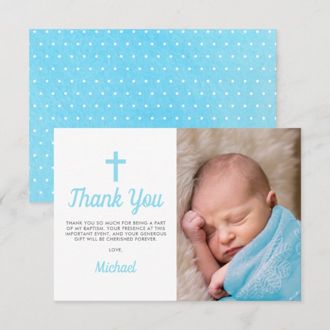Carte De Remerciements Simple Blue Boy Baptême Christening Photo (Devant / Derrière)