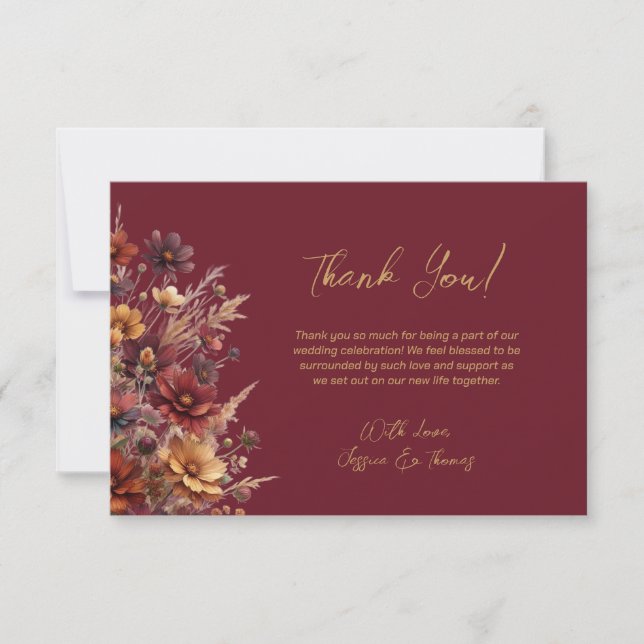 Carte De Remerciements Simple Boho Chic Fleurs Sauvages Mariage Bourgogne (Devant)