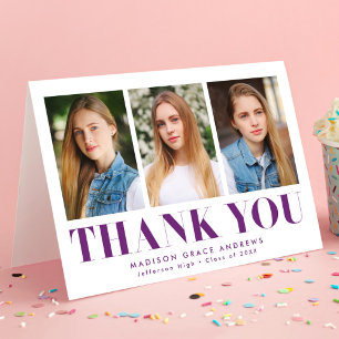 Carte De Remerciements Simple Bold Purple 3 Photo Graduation