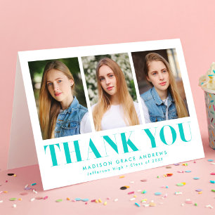 Carte De Remerciements Simple Bold Turquoise 3 Photo Graduation