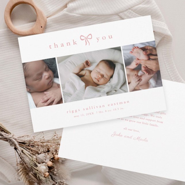 Carte De Remerciements Simple Bow Girl Photo Collage Baby (Simple dusty pink bow 3 photo collage baby announcement thank you cards.
)
