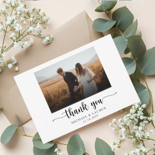 Carte De Remerciements Simple Chic Photo de Mariage en Noir et Blanc