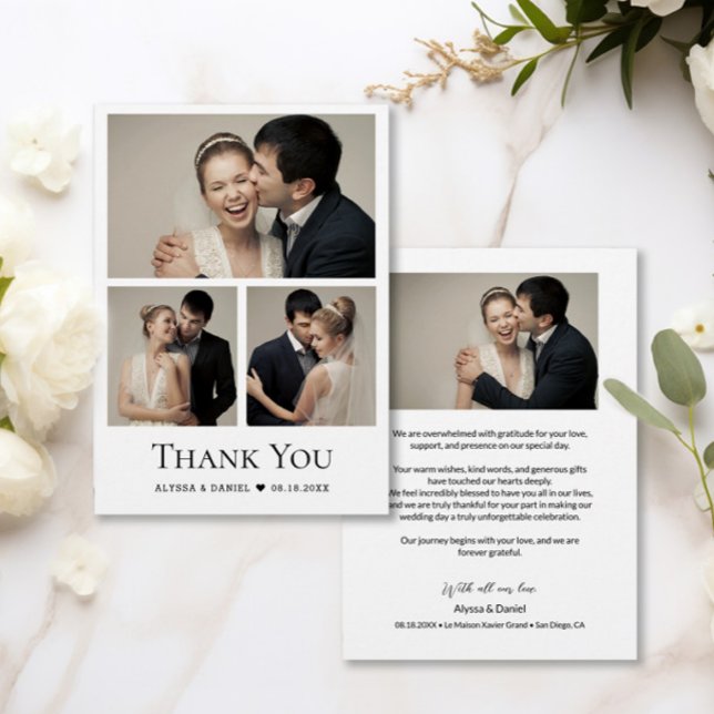 Carte De Remerciements Simple coeur Moderne Mariage Photo Collage (Timeless, Simple, Chic Wedding thank you photo grid cards.)