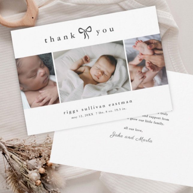 Carte De Remerciements Simple Collage Photo Bébé avec Ruban (Simple hand-drawn bow black and white 3 photo collage baby announcement thank you cards.)