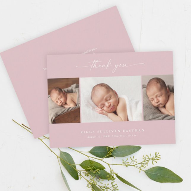 Carte De Remerciements Simple Collage Photo Bébé Écriture Rose (Elegant script dusty pink 3 photo baby thank you card announcements.)