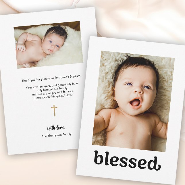 Carte De Remerciements Simple croix d'or Photos personnalisées Blessé Bap (Blessed Baptism Thank you photo cards.)