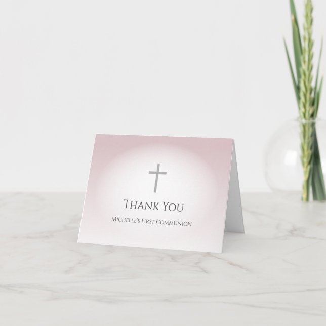 Carte De Remerciements Simple Cross First Communion Rose Gold Elegant (Devant)