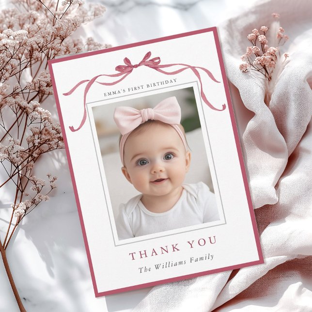 Carte De Remerciements Simple Deep Blush Pink Bow Birthday Photo  (Créateur téléchargé)