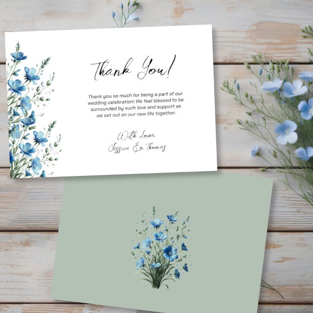 Carte De Remerciements Simple Dusty Blue & Sage Boho Wildflowers Wedding (Front/Back)