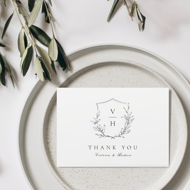 Carte De Remerciements Simple élégance botanique crête mariage monogramme (Simple elegance botanical crest monogram wedding thank you card)
