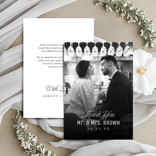 Carte De Remerciements Simple Élégance Écriture Classe Photo Mariage  (Simple Elegance Classy Script Photo Wedding Thank You Card)