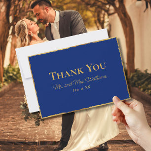 Carte De Remerciements Simple Elegance Royal Blue Luxe Gold Edge Mariage