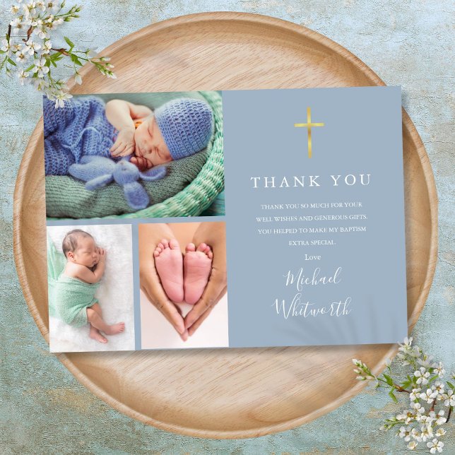 Carte De Remerciements Simple Elegant 3 Photo Signature Script Baptême (Simple Elegant 3 Photo Signature Script Baptism Thank You Card)