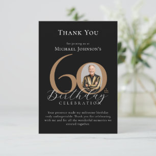 Carte De Remerciements Simple Elegant Black Gold Photo 60e anniversaire