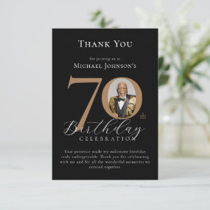 Carte De Remerciements Simple Elegant Black Gold Photo 70e anniversaire