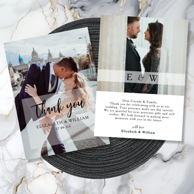 Carte De Remerciements Simple Elegant blanc superposition 2 Mariage photo (Simple Elegant white overlay 2 Photo Wedding Thank You Card)