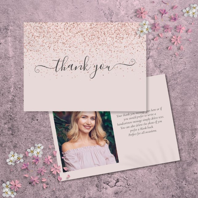Carte De Remerciements Simple Elegant Bleu Pink Script Photo (Simple Elegant Blush Pink Script Photo Thank You Card)