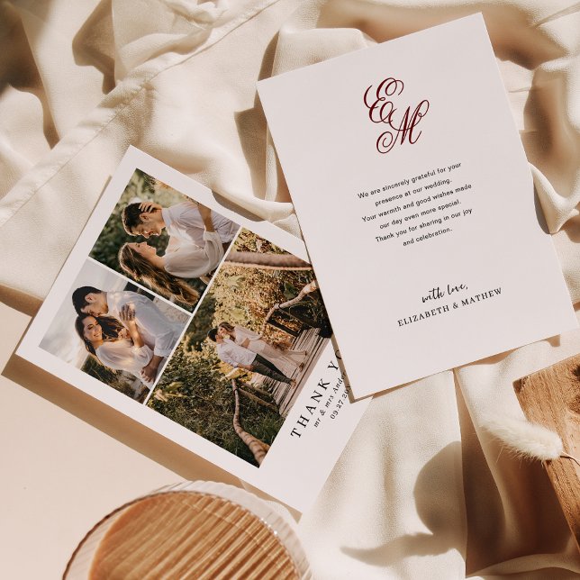 Carte De Remerciements Simple Elegant Bourgogne Rouge Monogramme Mariage  (Créateur téléchargé)