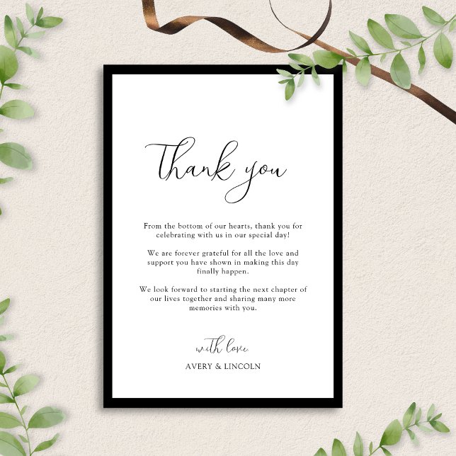 Carte De Remerciements Simple Élégant Mariage Script Bordure Noir & Blanc (Créateur téléchargé)