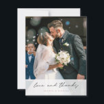 Carte De Remerciements Simple Élégant Moderne Noir Écriture Photo Mariage<br><div class="desc">Ce modèle de carte de remerciement de mariage photo moderne, simple et élégant, comporte les mots "amour et remerciements" et vos prénoms en bas de votre photo. Nous avons choisi des coins pointus standard comme forme par défaut, mais vous pouvez facilement les changer en coins arrondis, car ce style fonctionne...</div>