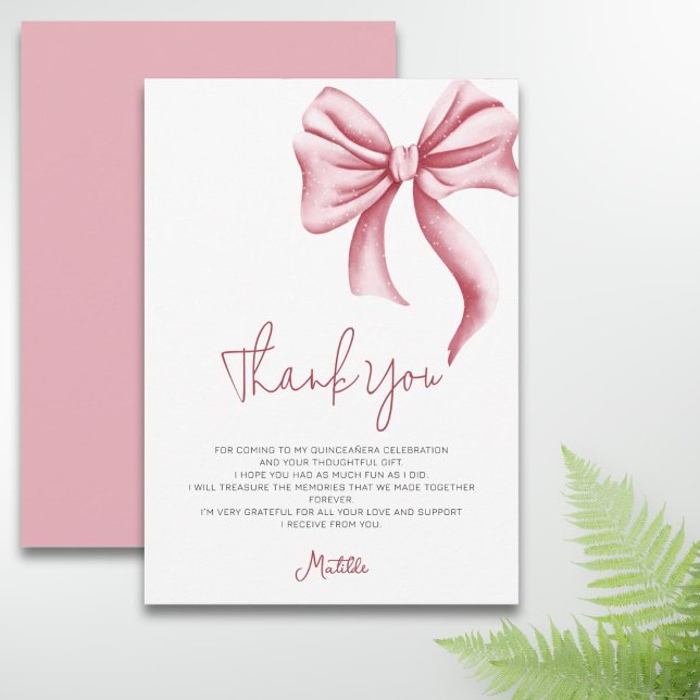 Carte De Remerciements Simple Elegant Pink Bow Quinceanera (Créateur téléchargé)