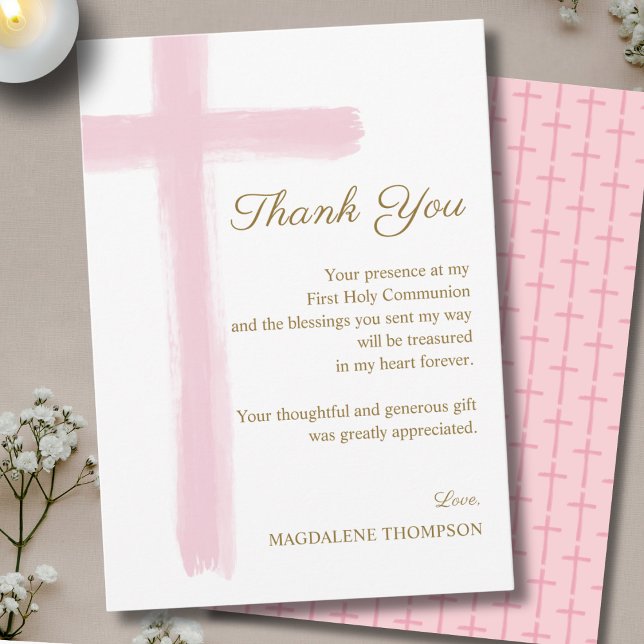 Carte De Remerciements Simple Elegant Pink Cross First Holy Communion  (Créateur téléchargé)
