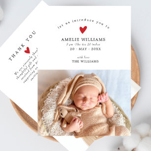 Carte De Remerciements Simple Elegant Red Heart 2 Photos Baby shower