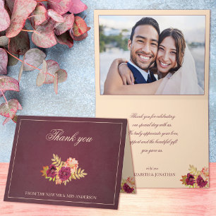Carte De Remerciements Simple Élégant Rose Bourguignon Floral Photo Maria