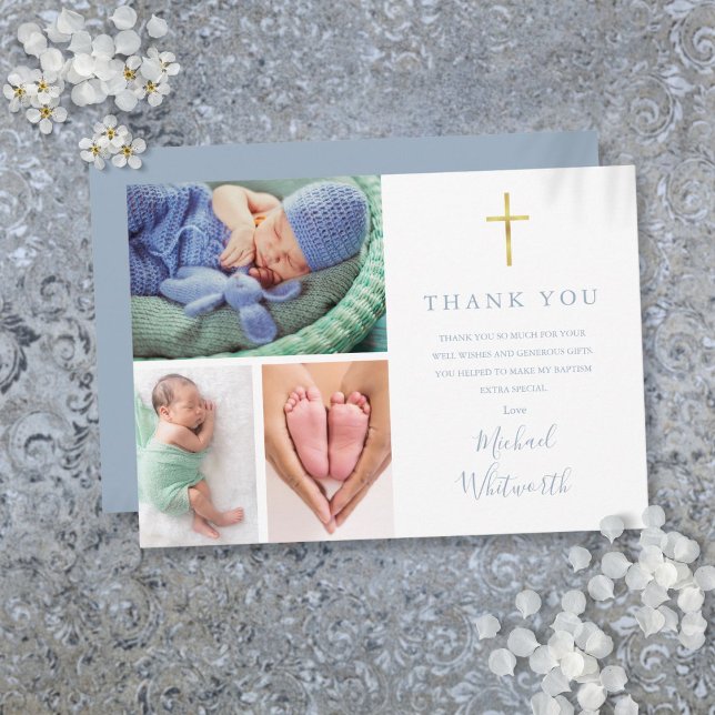 Carte De Remerciements Simple Élégant Script de signature 3 photos Baptêm (Simple Elegant 3 Photo Signature Script Baptism Thank You Card)
