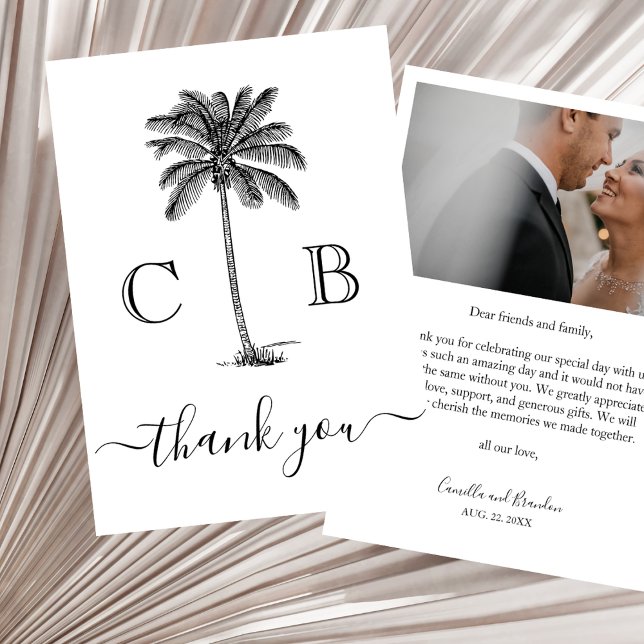 Carte De Remerciements Simple Elegant Tropical Monograms Photo Wedding (Créateur téléchargé)