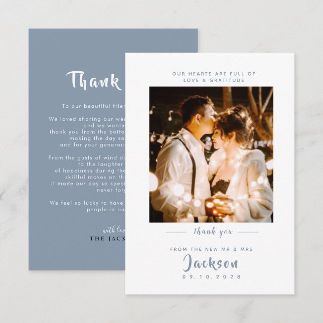 Carte De Remerciements Simple et élégant bleu poussiéreux avec Mariage ph (Devant / Derrière)